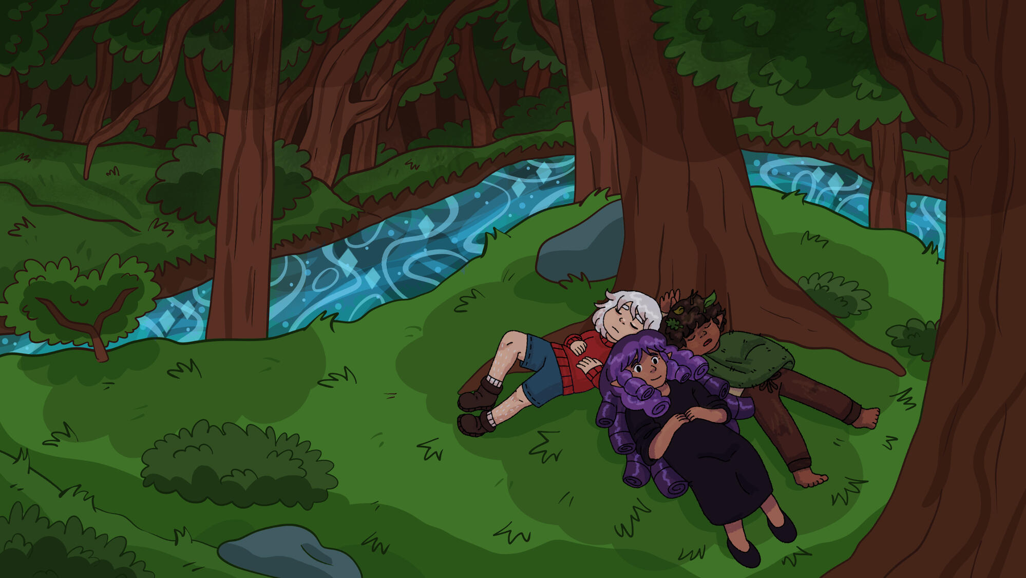 &#39;Rest&#39;, an illustration I made of my characters from A World Away resting under a tree in the forest